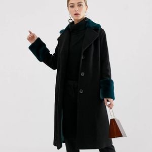 Helene Berman double breasted coat with contrast faux fur collar and cuffs, NWOT